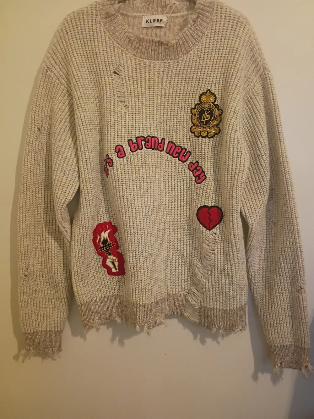 Kleep Men's Kelve Heavy Gauge Distressed Knit Sweater Graphic Sz L NWT
